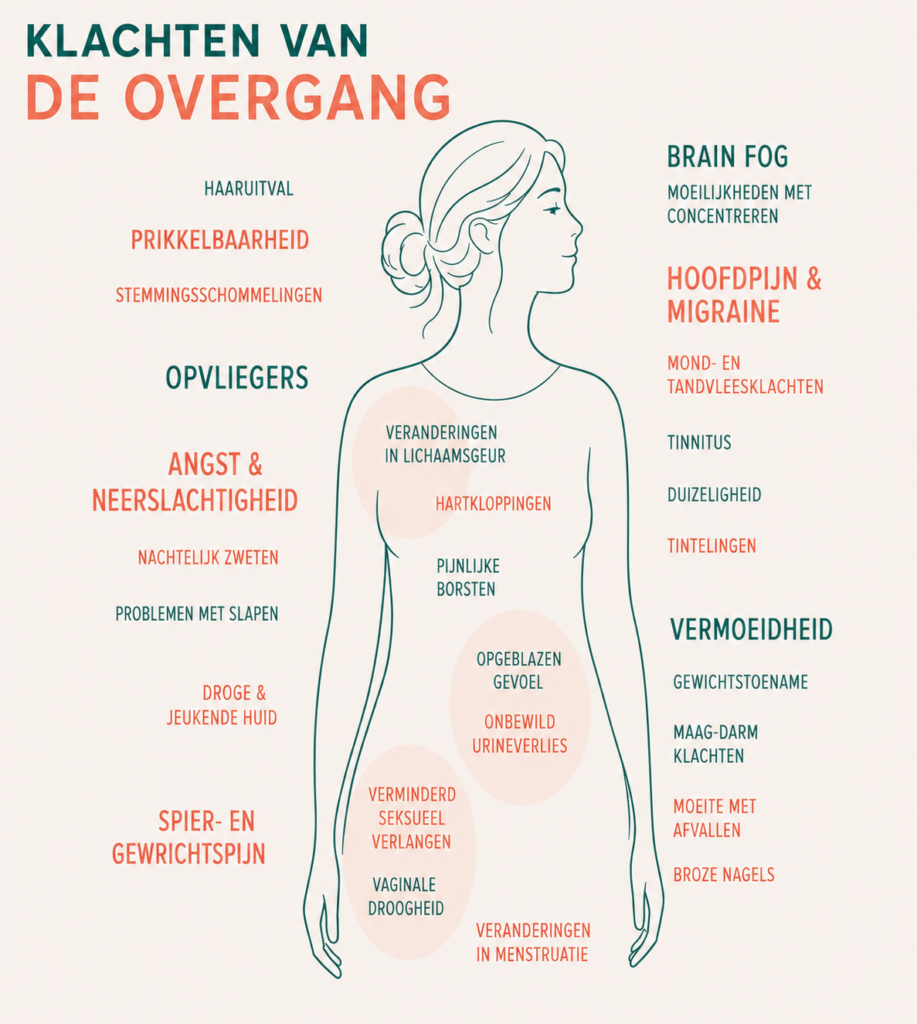 schematische afbeelding van een vrouw met de meest voorkomende overgangsklachten zoals: Opvliegers
Nachtzweten
Slecht slapen
Vermoeidheid
Stemmingswisselingen
Angst of somberheid
Hartkloppingen
Gewrichtspijn
Spierpijn
Hoofdpijn of migraine
Concentratieproblemen
Brain fog
Gewichtstoename
Vaginale droogheid
Minder zin in seks
Blaasklachten